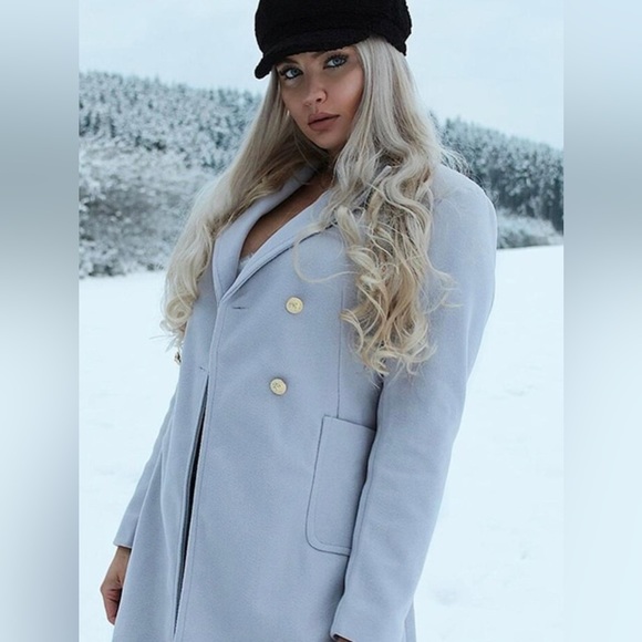 Elegant Blue Double Breasted Lapel Collar Button Up Pocketed Overcoat - Picture 7 of 9